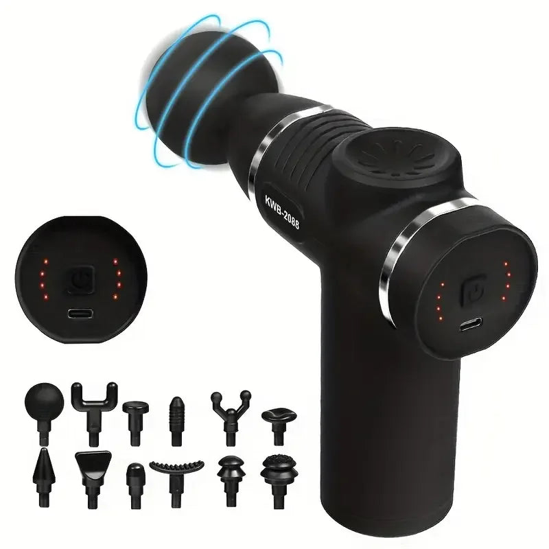 Pistola de Masaje Muscular Portátil con 12 Cabezales Intercambiables