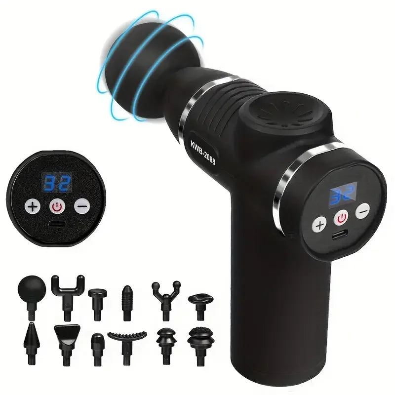 Pistola de Masaje Muscular Portátil con 12 Cabezales Intercambiables