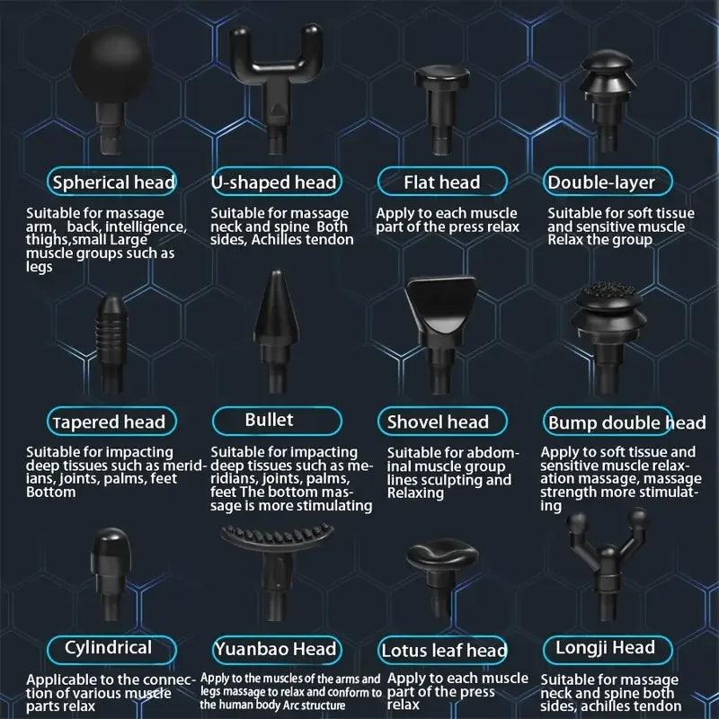 Pistola de Masaje Muscular Portátil con 12 Cabezales Intercambiables